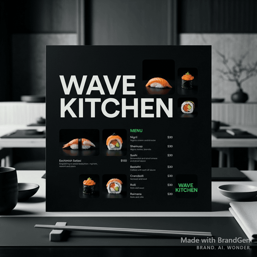 A premium sushi restaurant brand identity with menu card, bold sans-serif typography reading 'WAVE KITCHEN', neon green accent on dark black background, minimalist food photography, clean grid layout, sophisticated Japanese dining aesthetic with modern edge