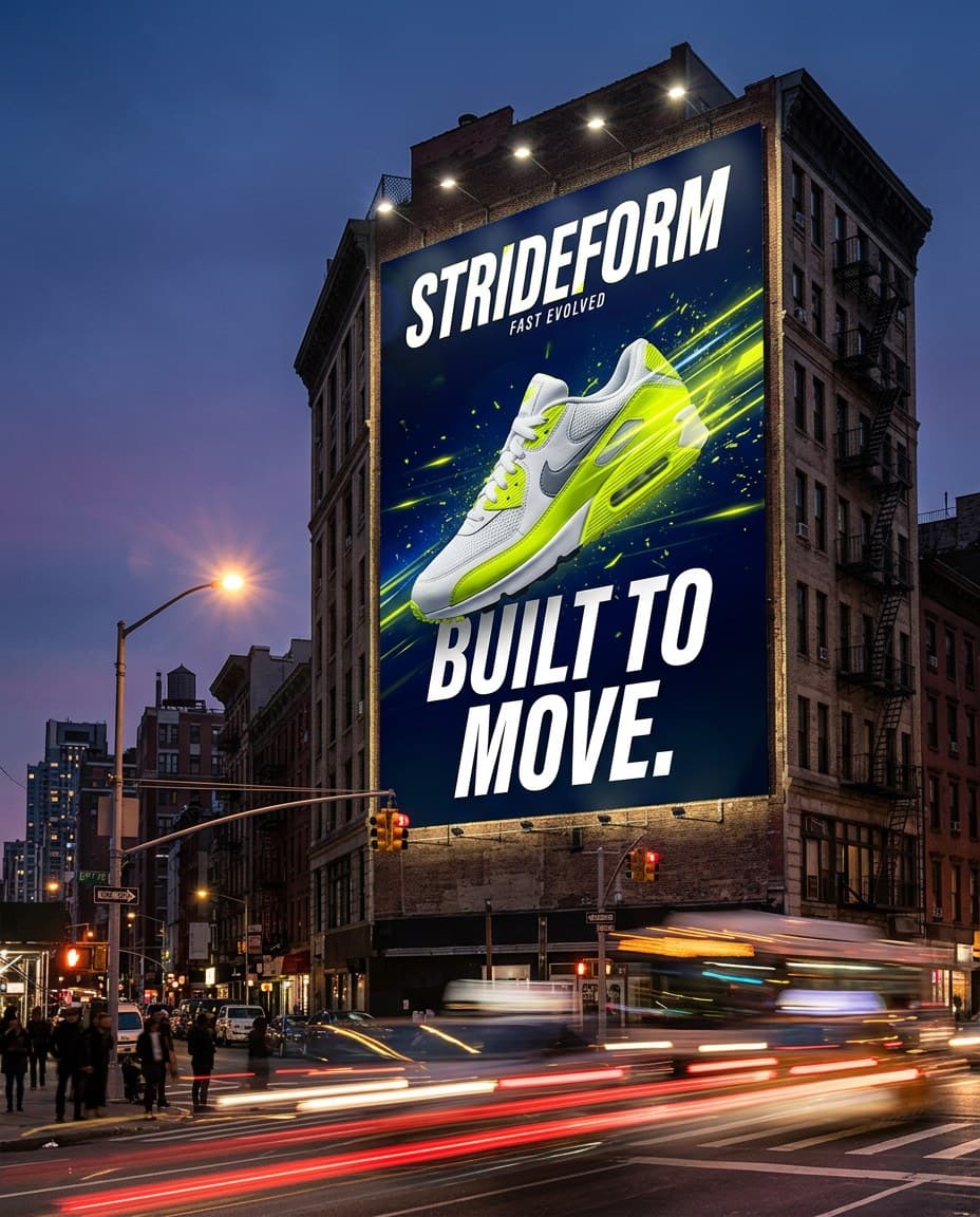 AI Strideform City Billboard Mockup at Dusk generated with BrandGen