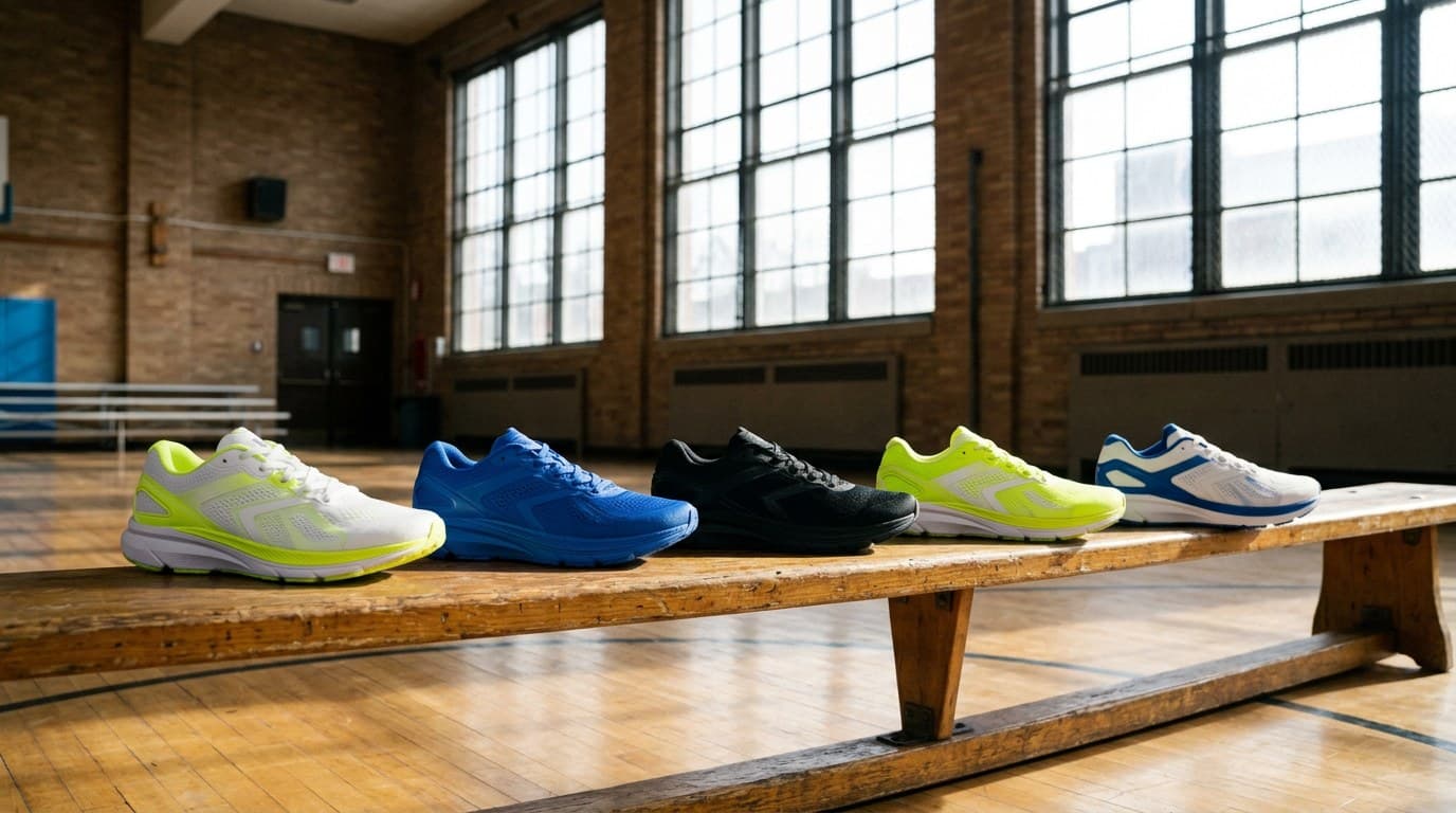 AI Strideform Five Colourways on a Gym Bench generated with BrandGen