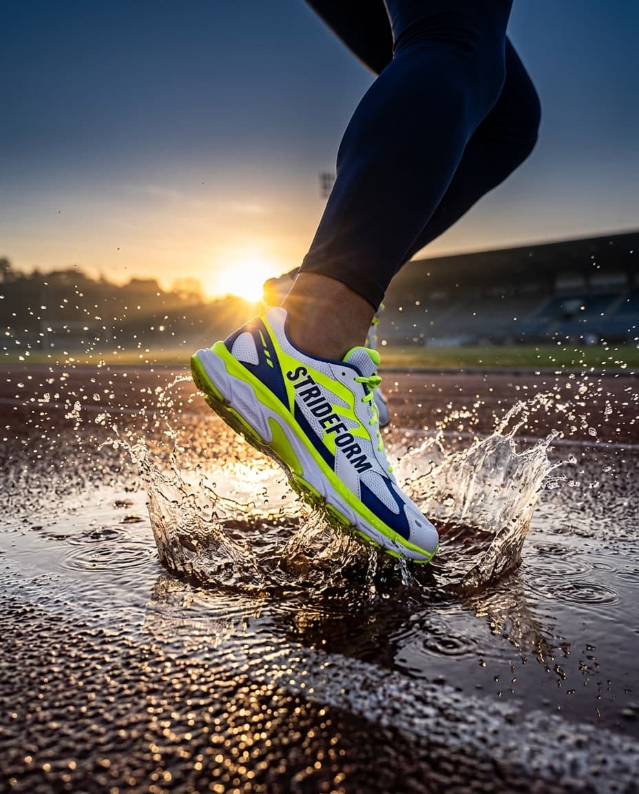 AI Strideform Sneaker Puddle Splash on a Track at Sunrise generated with BrandGen
