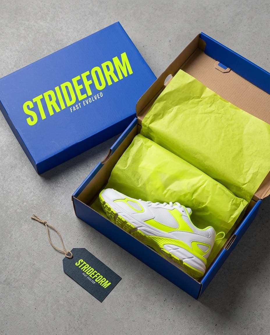 AI Strideform Shoebox Unboxing Flat Lay generated with BrandGen