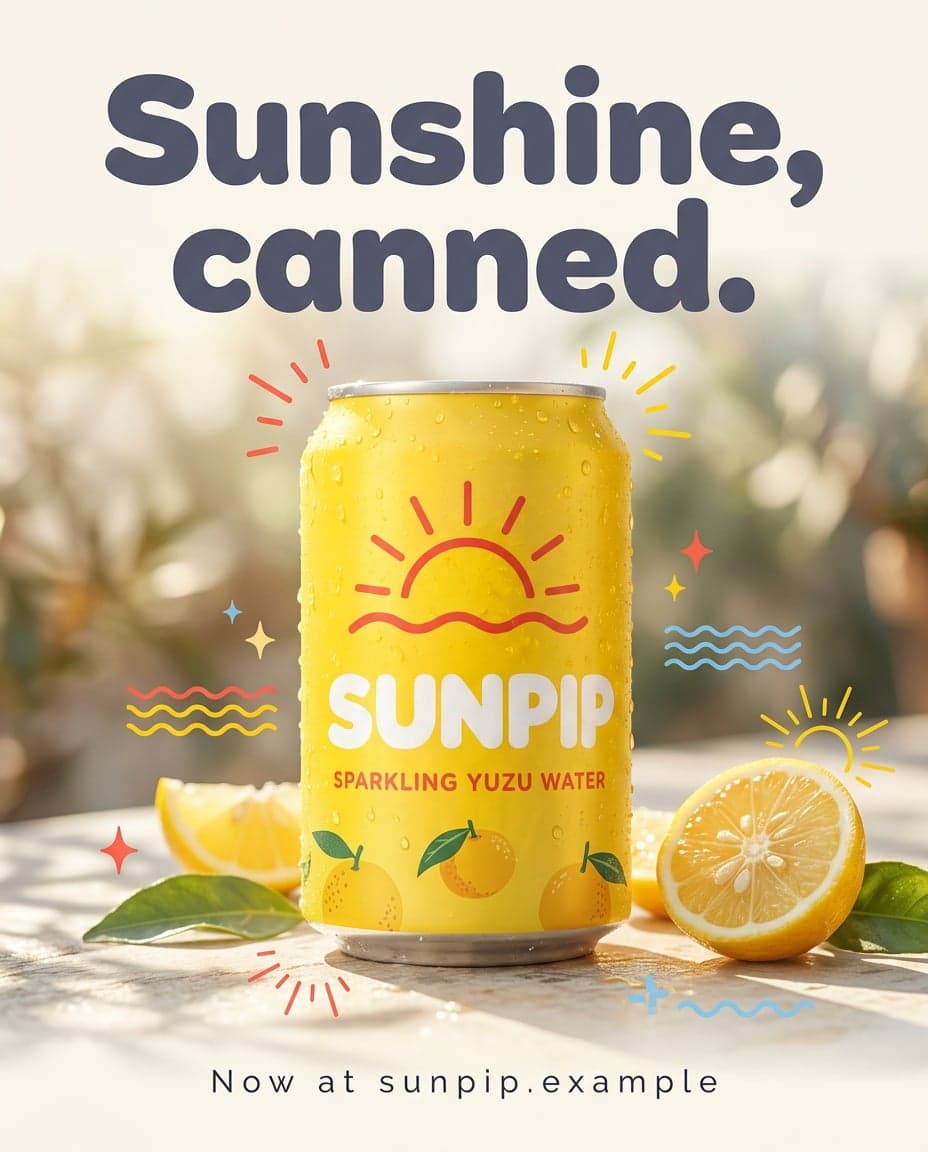 AI Sunpip Yuzu Water Sunshine Canned Launch Poster generated with BrandGen