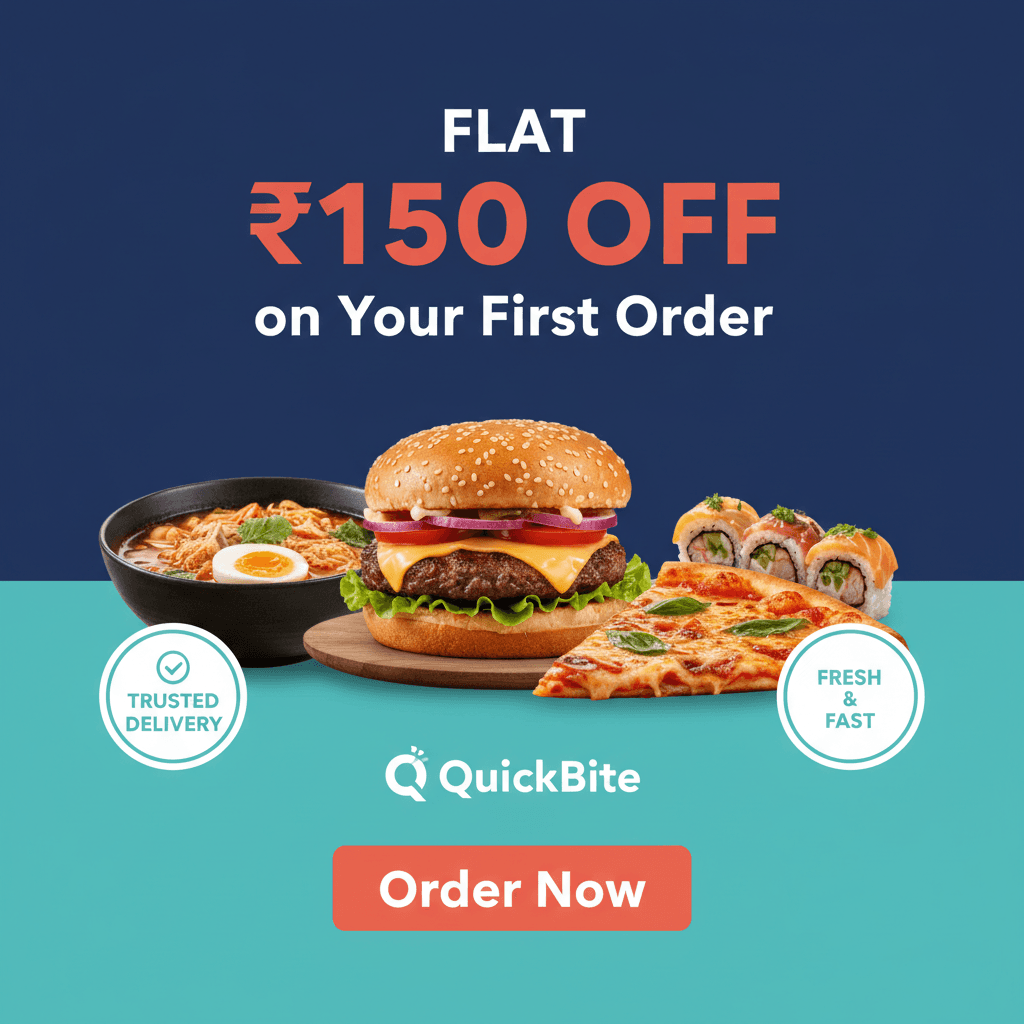 Food delivery offer Instagram post, hero shot of a fresh meal on a clean colored plate, large discount percentage badge, brand logo top-left, app CTA bottom-right, vivid appetite-driving color palette.