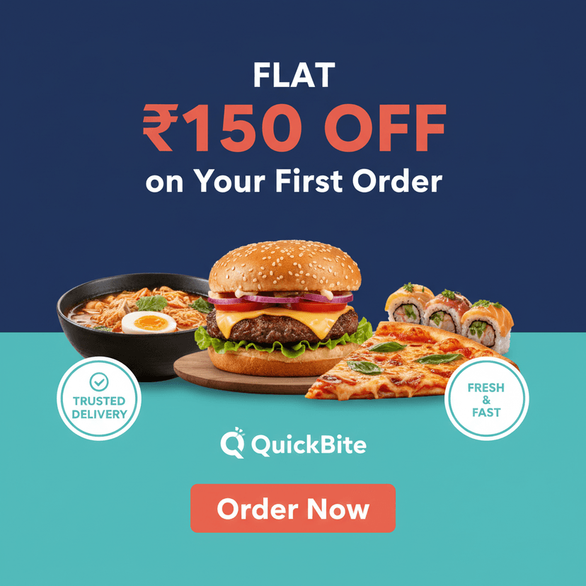 Food delivery offer Instagram post, hero shot of a fresh meal on a clean colored plate, large discount percentage badge, brand logo top-left, app CTA bottom-right, vivid appetite-driving color palette.