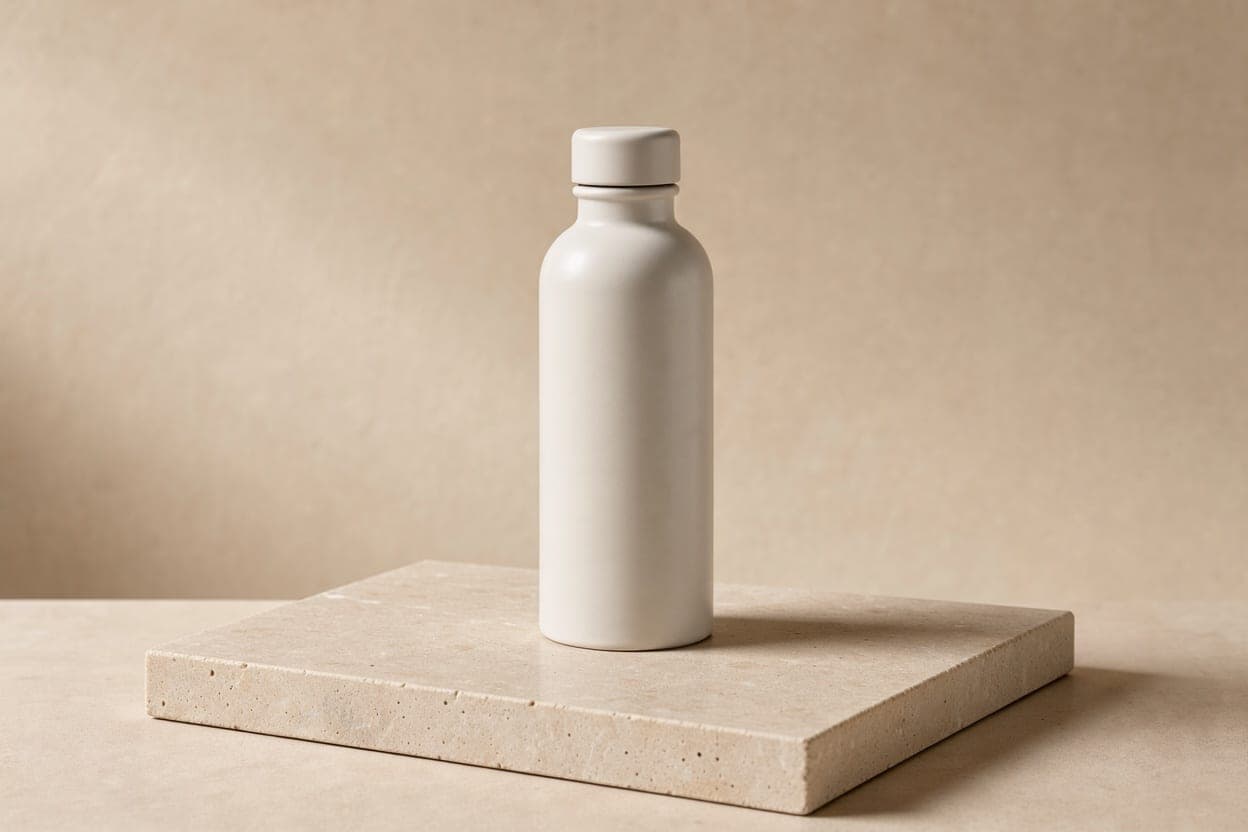 A plain white ceramic water bottle on a pale stone plinth in soft window light generated with BrandGen