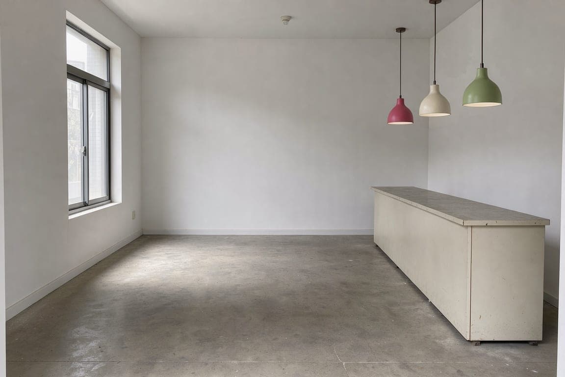 The same shop with only three colourful pendant lamps added above the counter generated with BrandGen