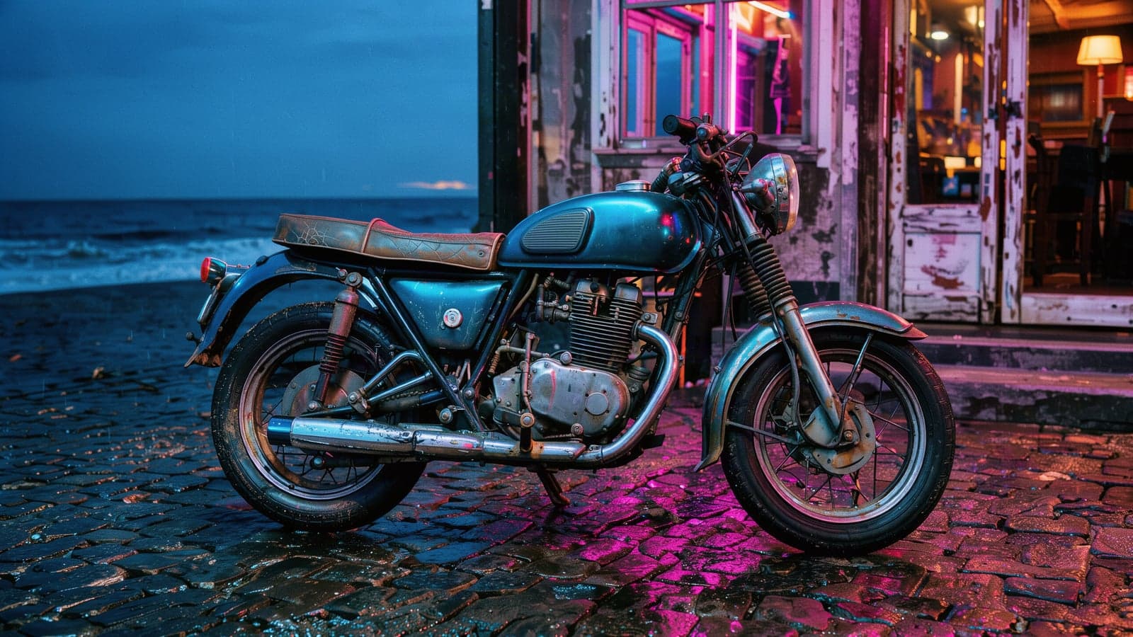 A vintage blue motorcycle parked by a doorway on a wet street in the evening