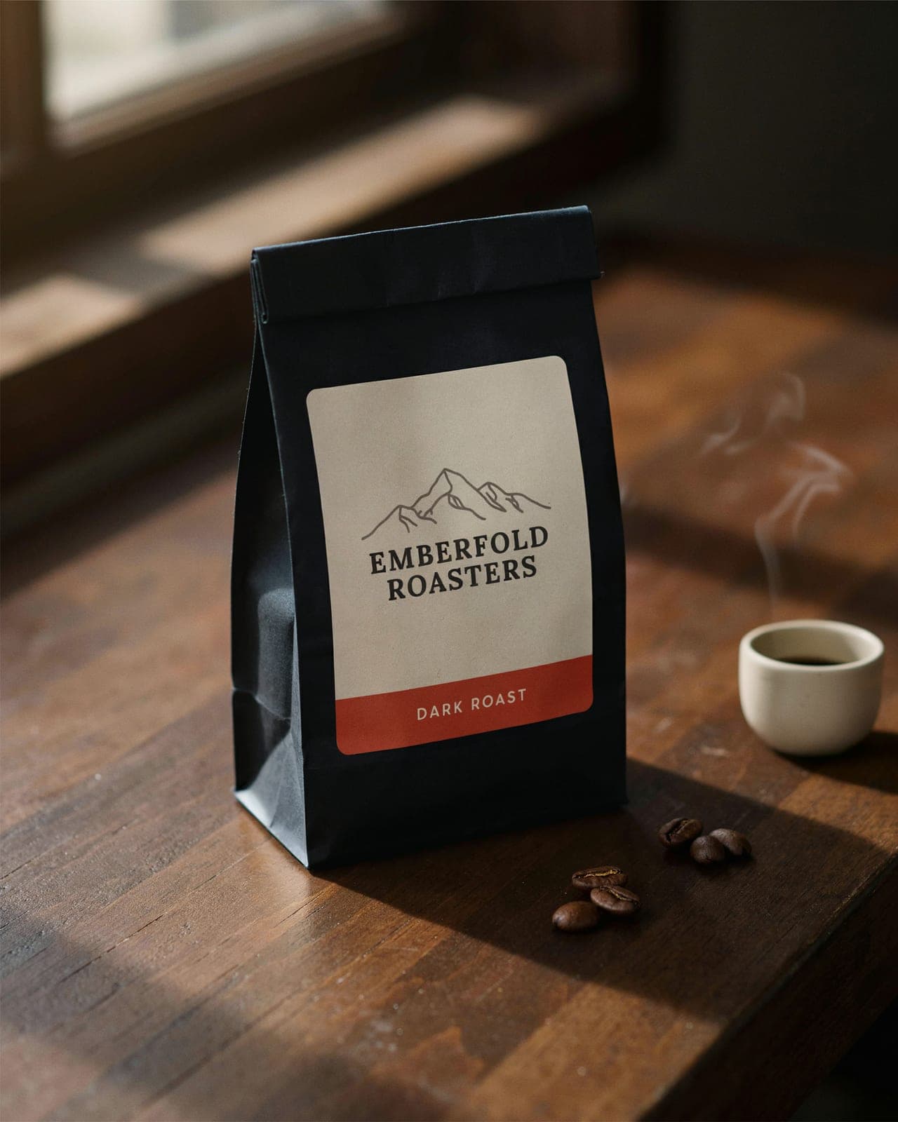 The same bag with a steaming cup of black coffee added beside it generated with BrandGen