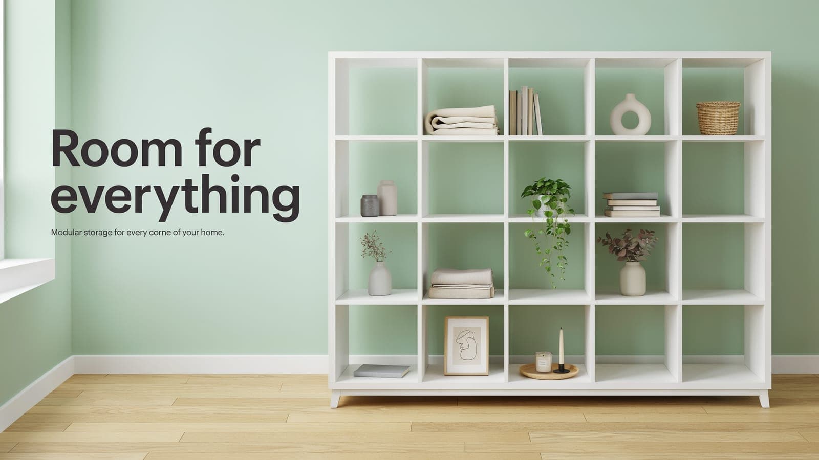 A website hero headlined Room for everything beside a white cube shelf on a sage green wall