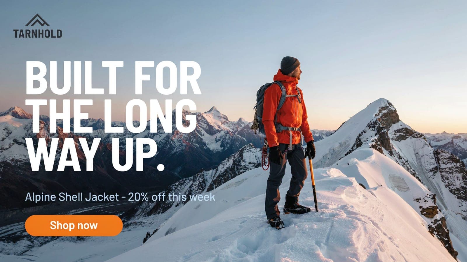 Alpine jacket sale banner: a climber in an orange shell on a snowy ridge beside the headline Built for the long way up