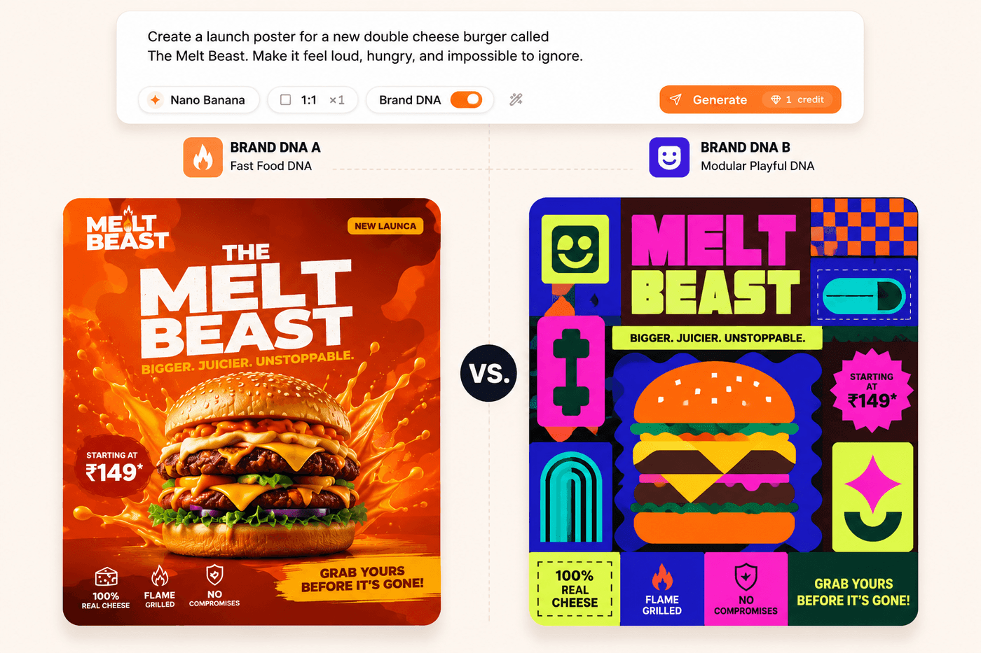 The same prompt applied to two different Brand DNAs, producing two distinct but on-brand results.