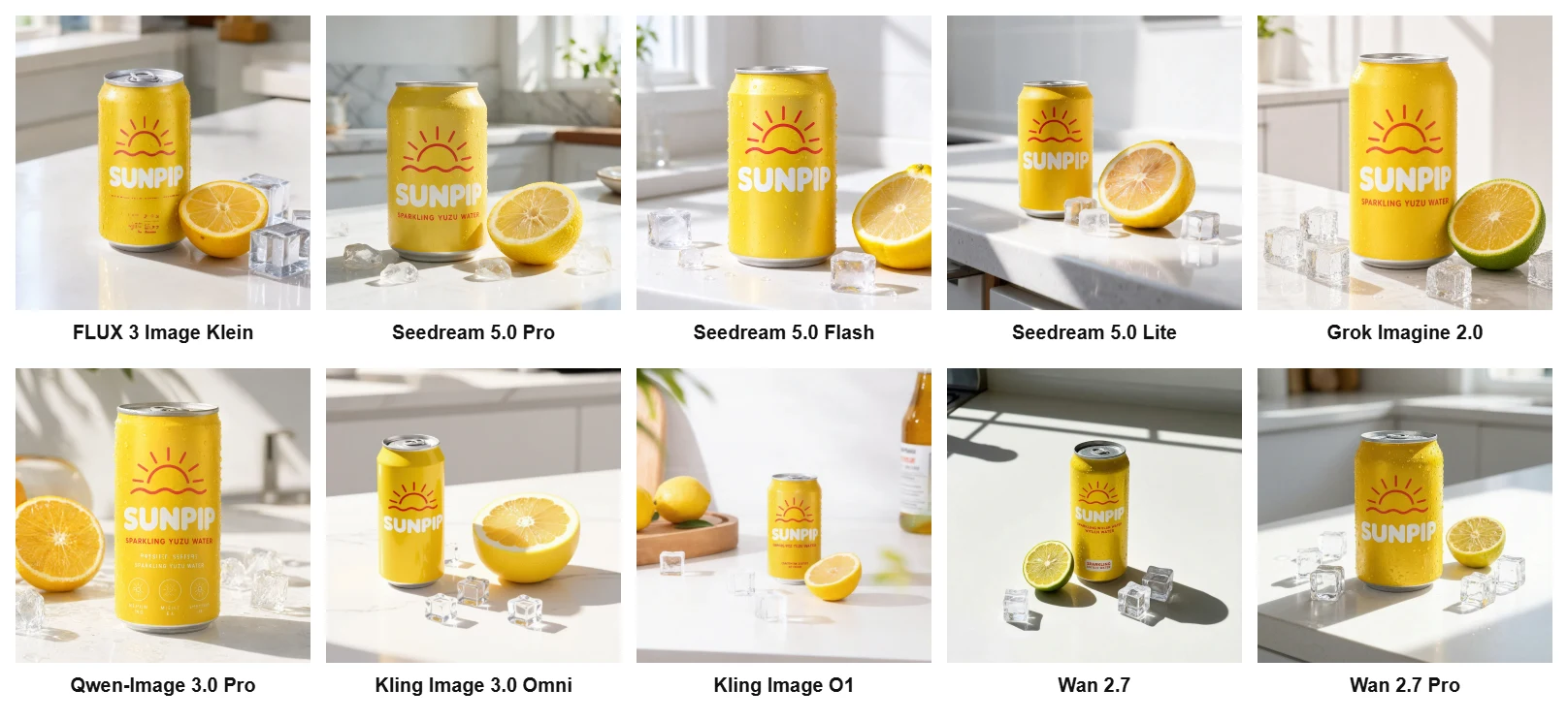 A 5 by 2 grid of ten AI-generated product photos of a yellow Sunpip sparkling yuzu water can beside a halved yuzu and ice cubes, one per newer model: FLUX 3 Image Klein, Seedream 5.0 Pro, Seedream 5.0 Flash, Seedream 5.0 Lite, Grok Imagine 2.0, Qwen-Image 3.0 Pro, Kling Image 3.0 Omni, Kling Image O1, Wan 2.7 and Wan 2.7 Pro