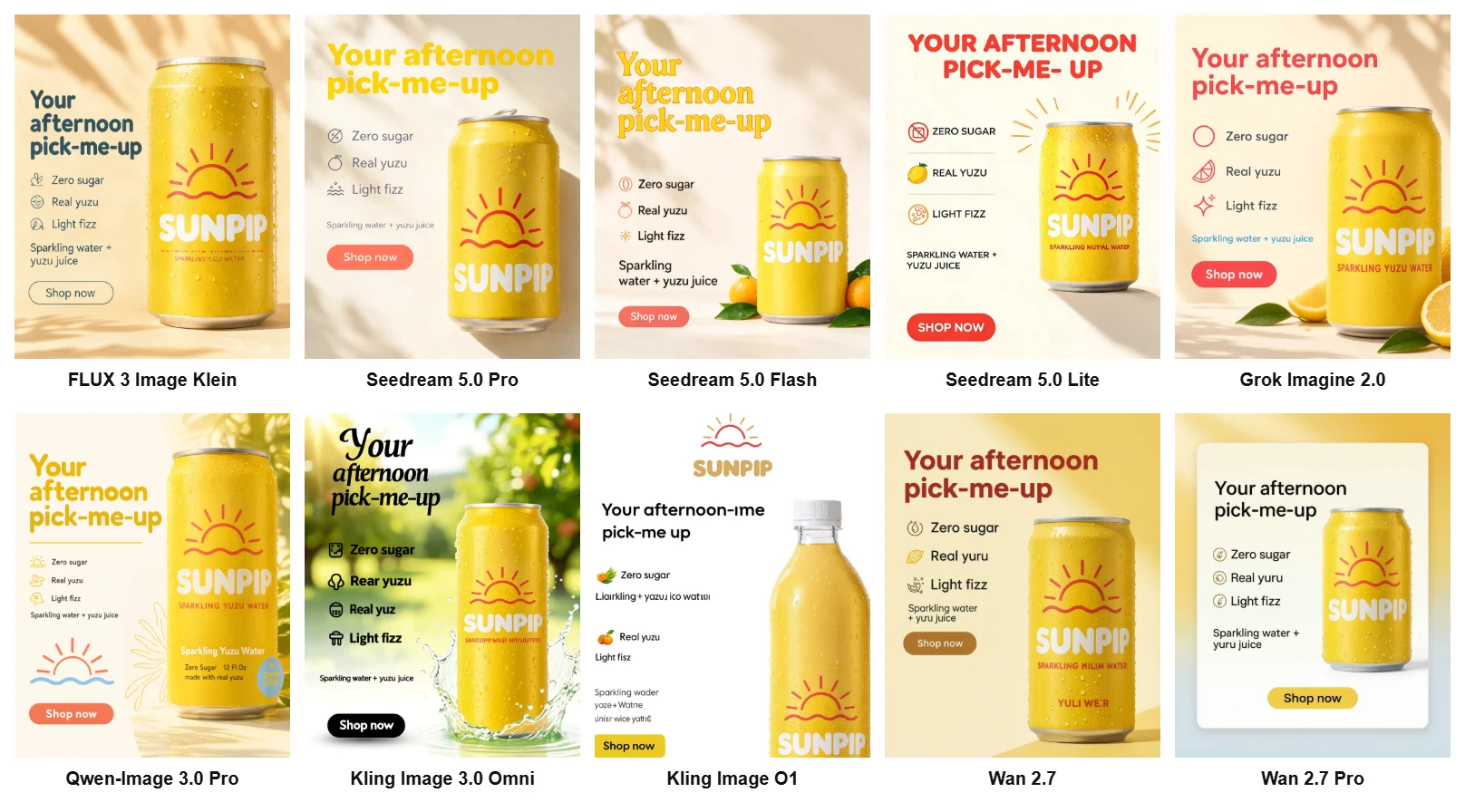 A 5 by 2 grid of ten AI-generated Sunpip social media ads with the headline Your afternoon pick-me-up, three benefit lines, an ingredient line and a Shop now button, one per newer model