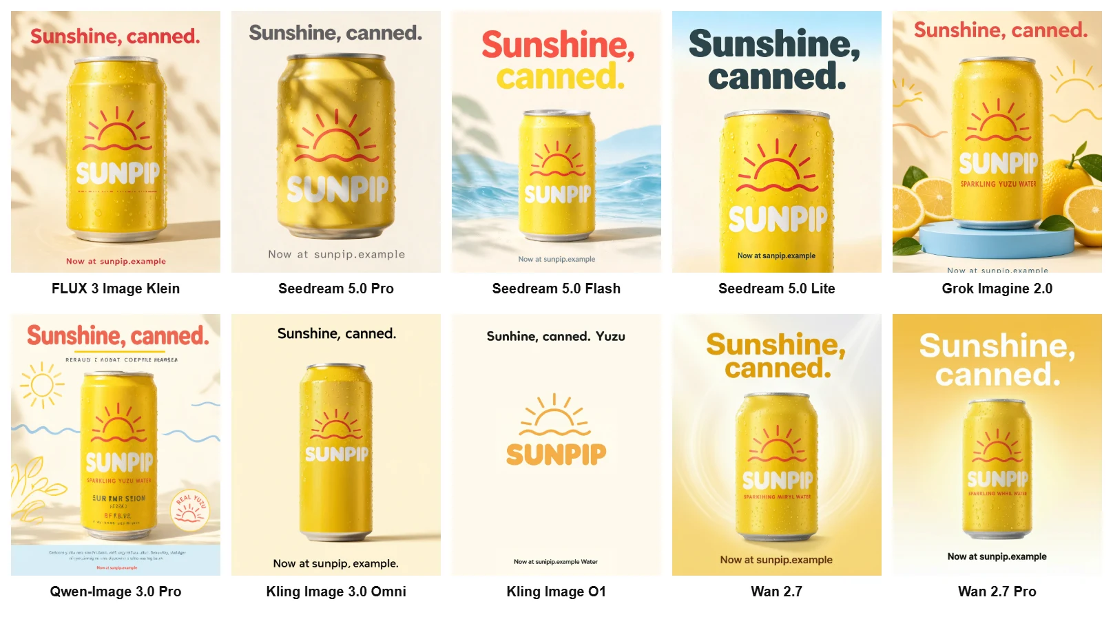 A 5 by 2 grid of ten AI-generated Sunpip launch posters with the headline Sunshine, canned. and the footer Now at sunpip.example, one per newer model