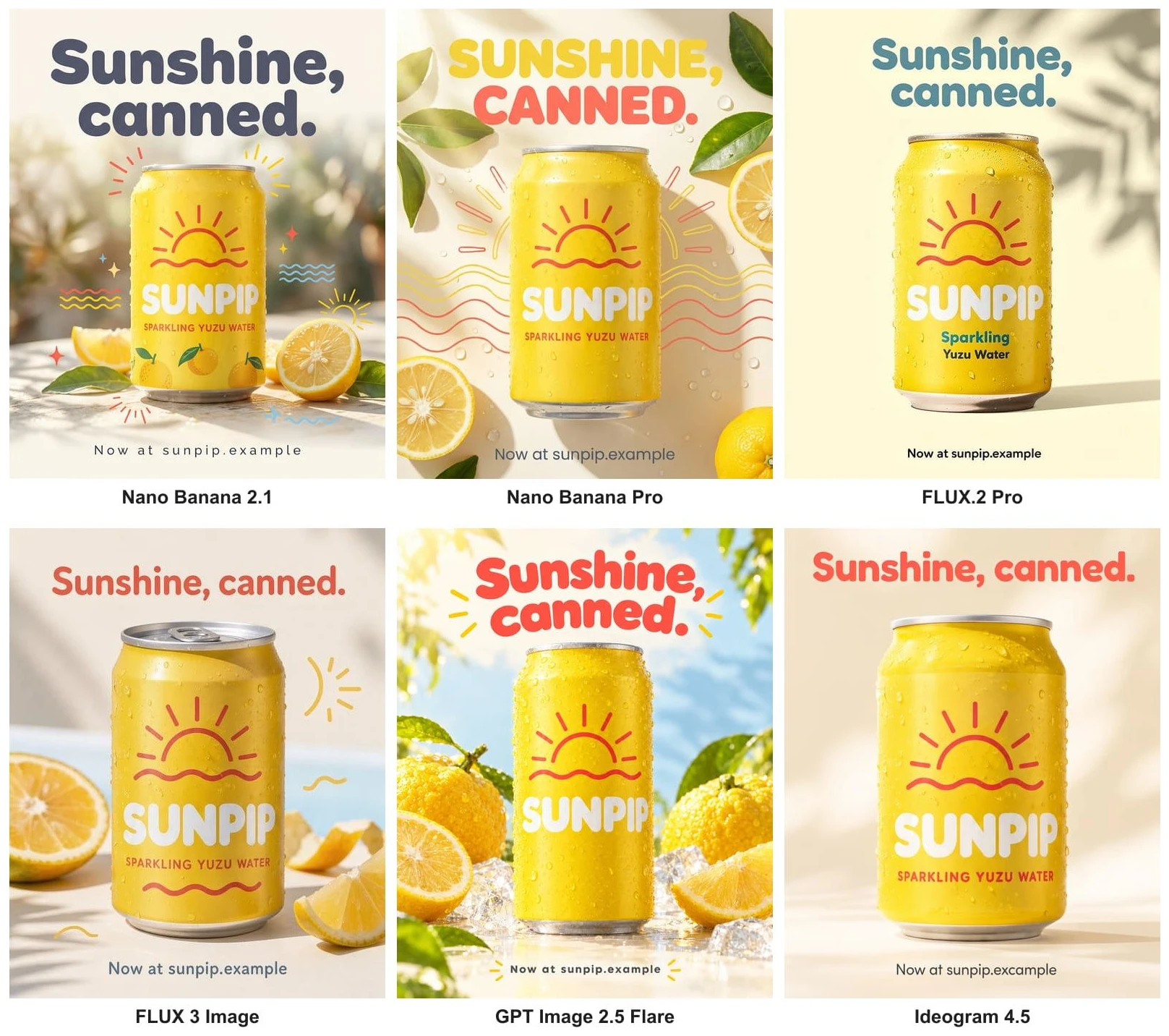 A 3 by 2 grid of six AI-generated Sunpip launch posters with the headline Sunshine, canned. and the footer Now at sunpip.example, one per model