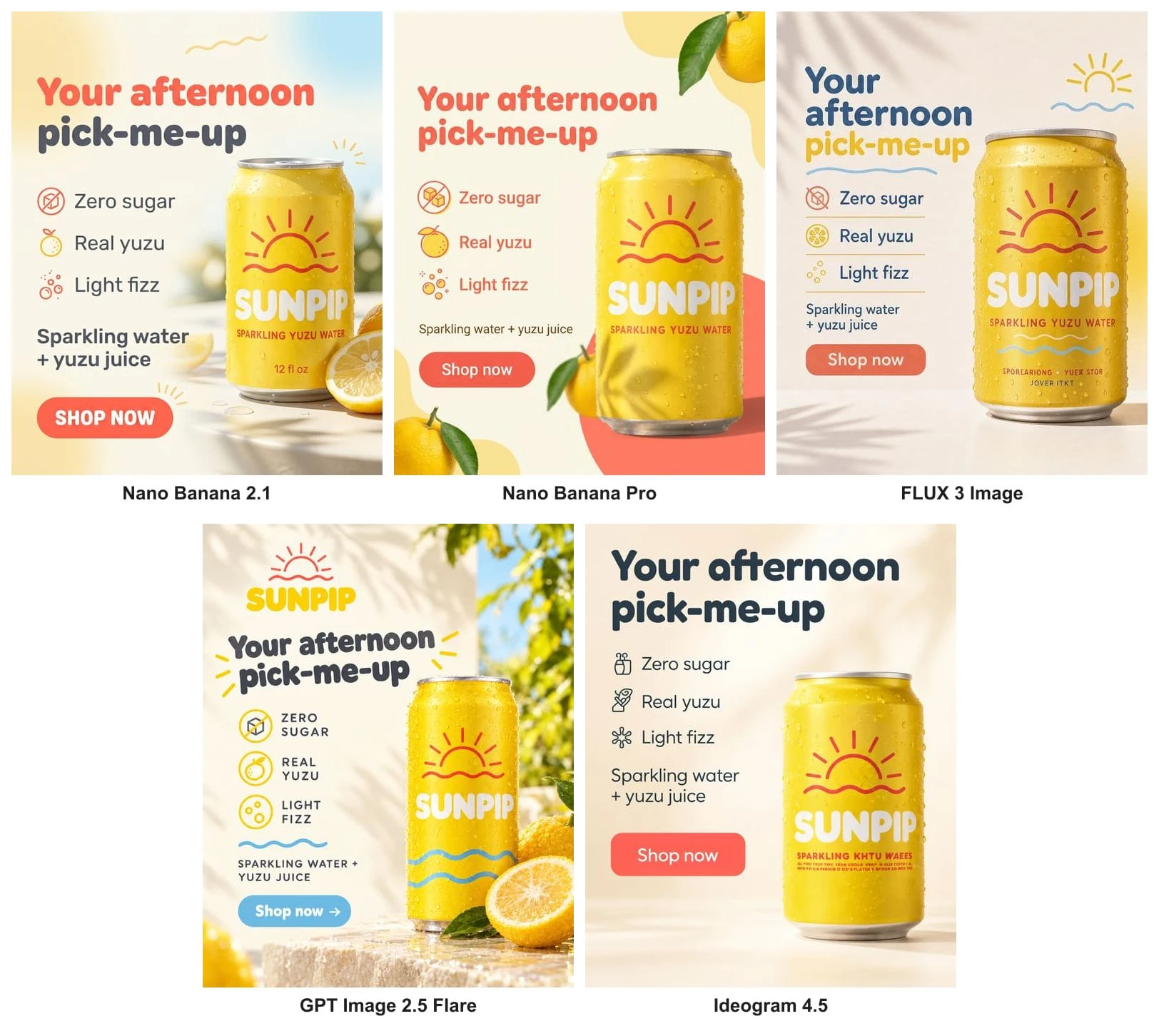 Five AI-generated Sunpip social media ads, one per model that produced one, with the headline Your afternoon pick-me-up, three benefit lines, an ingredient line and a Shop now button; the FLUX.2 Pro cell reads Declined by the model's safety filter