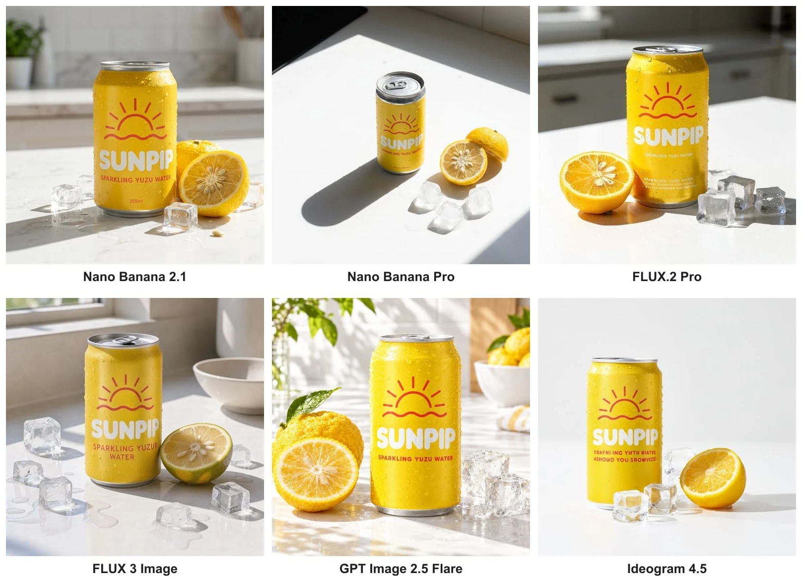 A 3 by 2 grid of six AI-generated product photos of a yellow Sunpip sparkling yuzu water can beside a halved yuzu and ice cubes, one per model: Nano Banana 2.1, Nano Banana Pro, FLUX.2 Pro, FLUX 3 Image, GPT Image 2.5 Flare and Ideogram 4.5