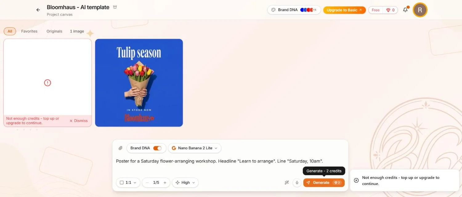 A project canvas with a balance of 0 credits. The new image tile is red with the message "Not enough credits - top up or upgrade to continue." and a Dismiss button, and the same message appears in a pop-up in the bottom-right corner.
