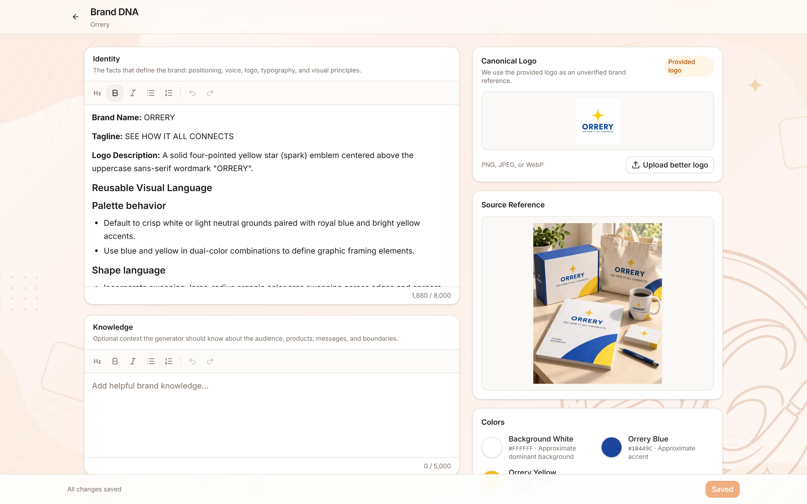 The Brand DNA editor in BrandGen, showing the colour palette, visual style and tone of voice extracted from a brand image.