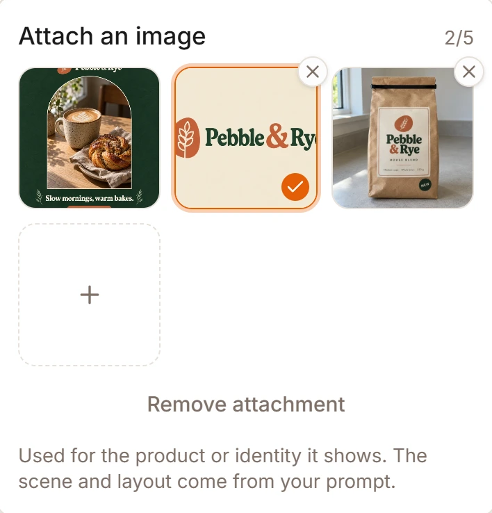 The Attach an image panel: the project's brand image, a selected logo with a check mark, a saved product photo of a coffee bag, a plus tile to add another, a counter showing 2/5, a Remove attachment link, and the note "Used for the product or identity it shows. The scene and layout come from your prompt."