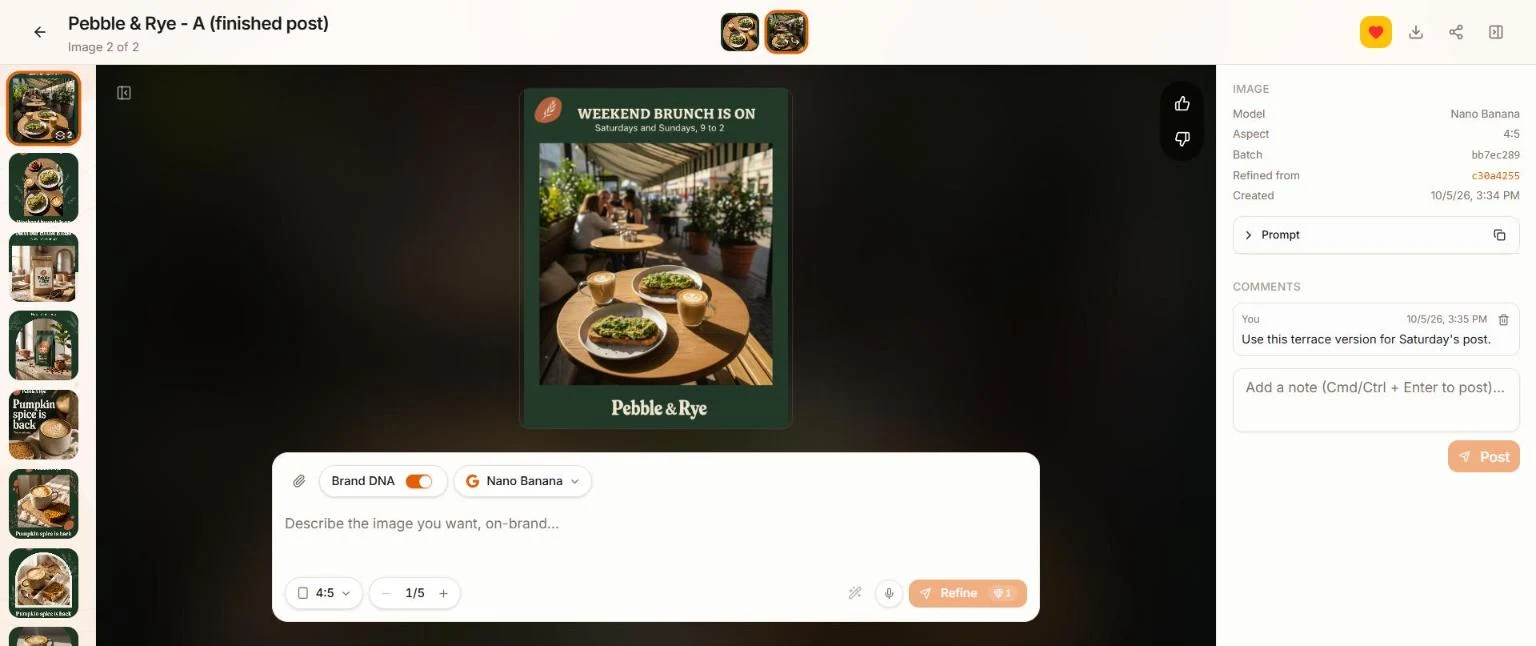The image editor: the refined image in the middle, the version strip at the top showing Image 2 of 2, the heart filled in as a favorite, and a posted note in the Comments panel on the right.