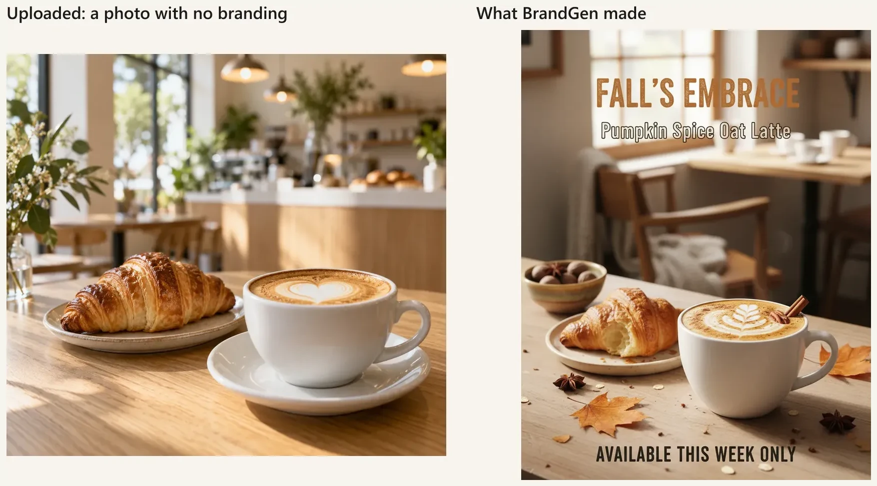 Left: an unbranded café photo uploaded as the brand image. Right: BrandGen's result, a generic café photo with no logo or brand name.