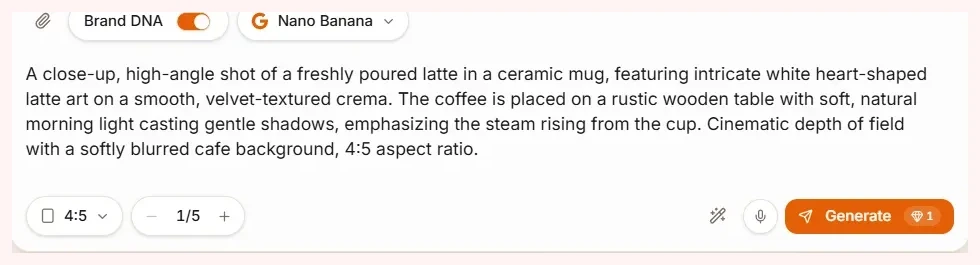The prompt bar after Enhance prompt turned the one-word prompt "latte" into a detailed description of a latte with heart-shaped art on a wooden table in soft morning light.