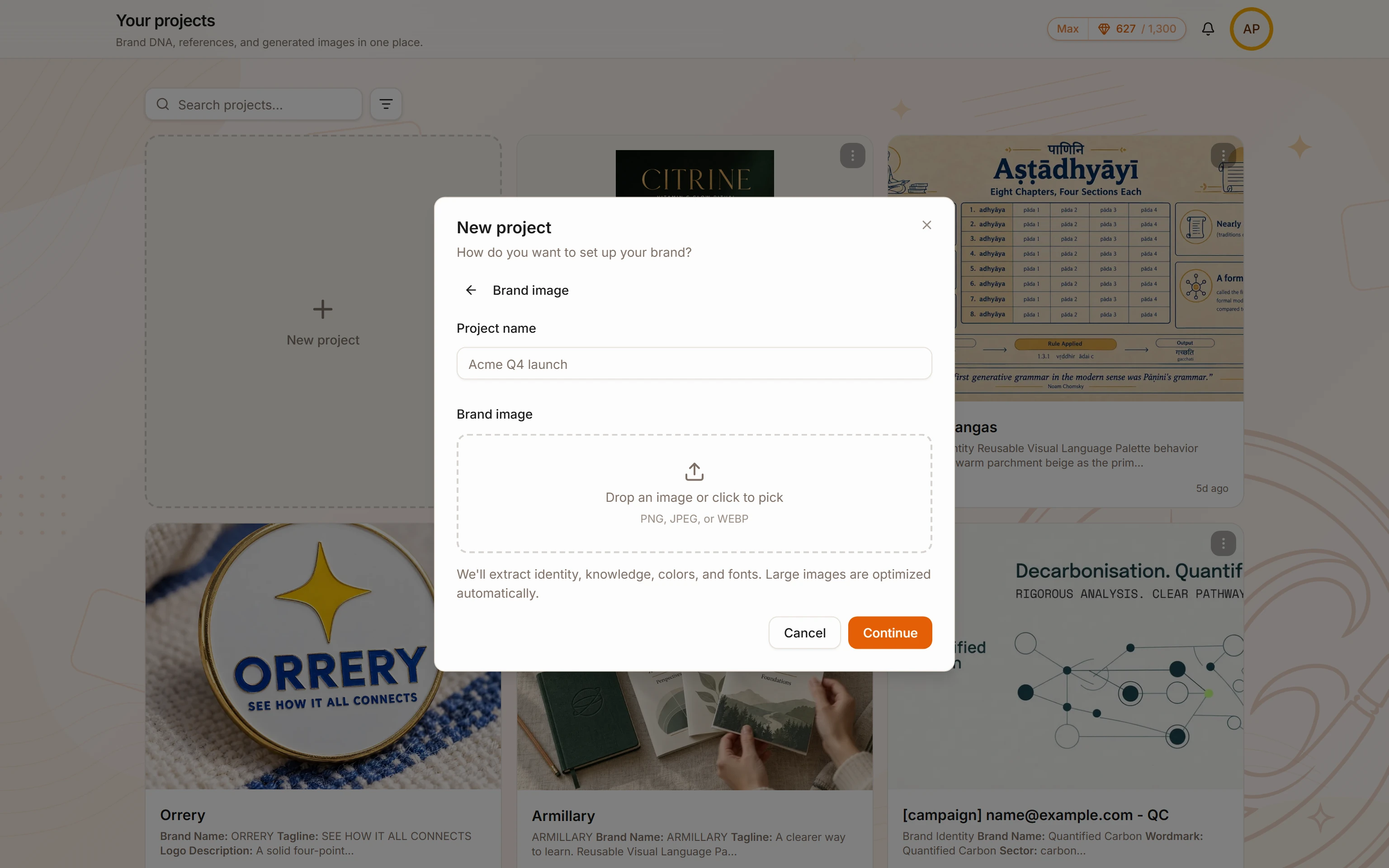 The second step of the New project dialog in BrandGen, with the project name field and the area where a brand image is dropped.