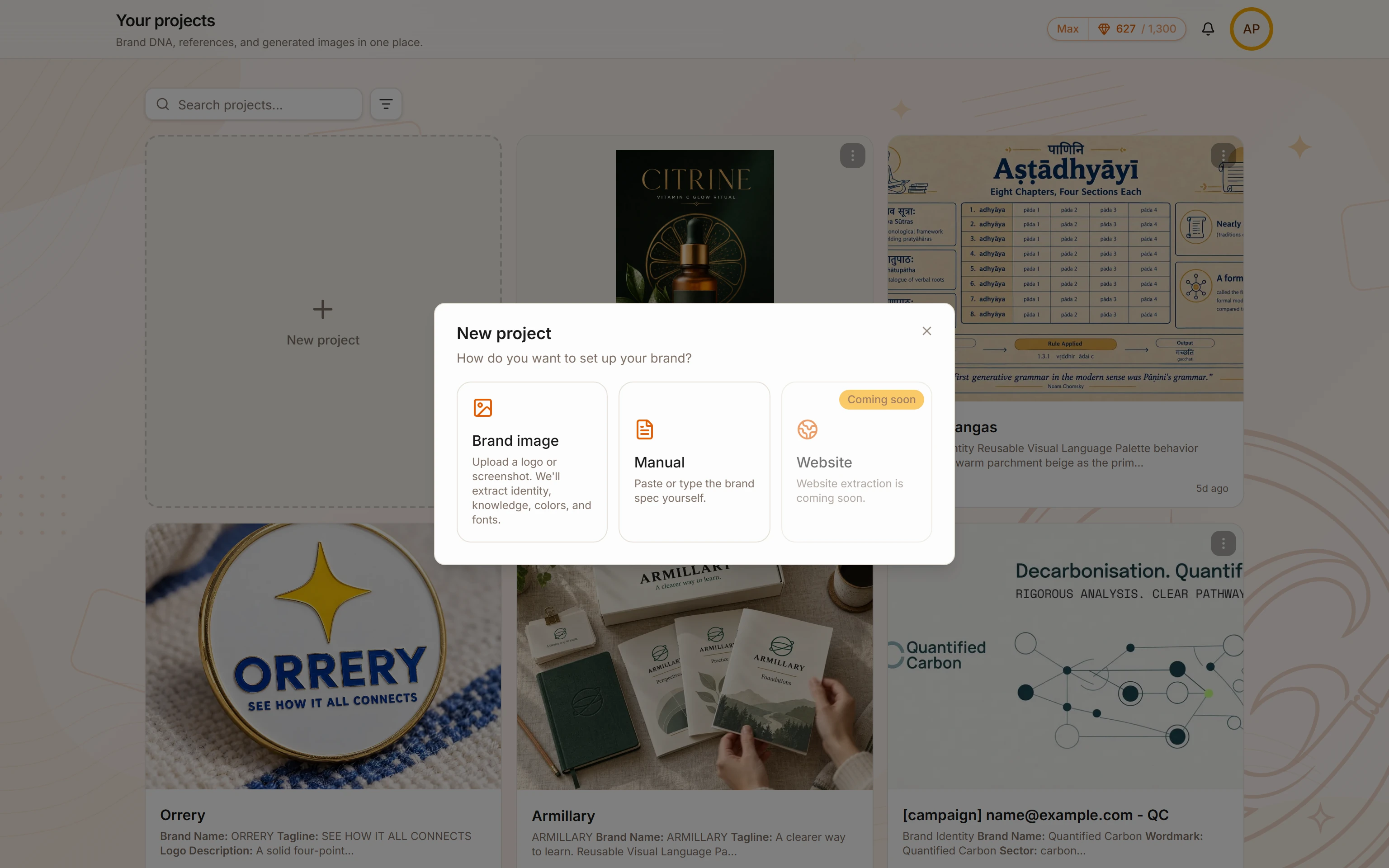 The New project dialog in BrandGen, offering the ways to supply brand context: upload a brand image or write the brand spec yourself.