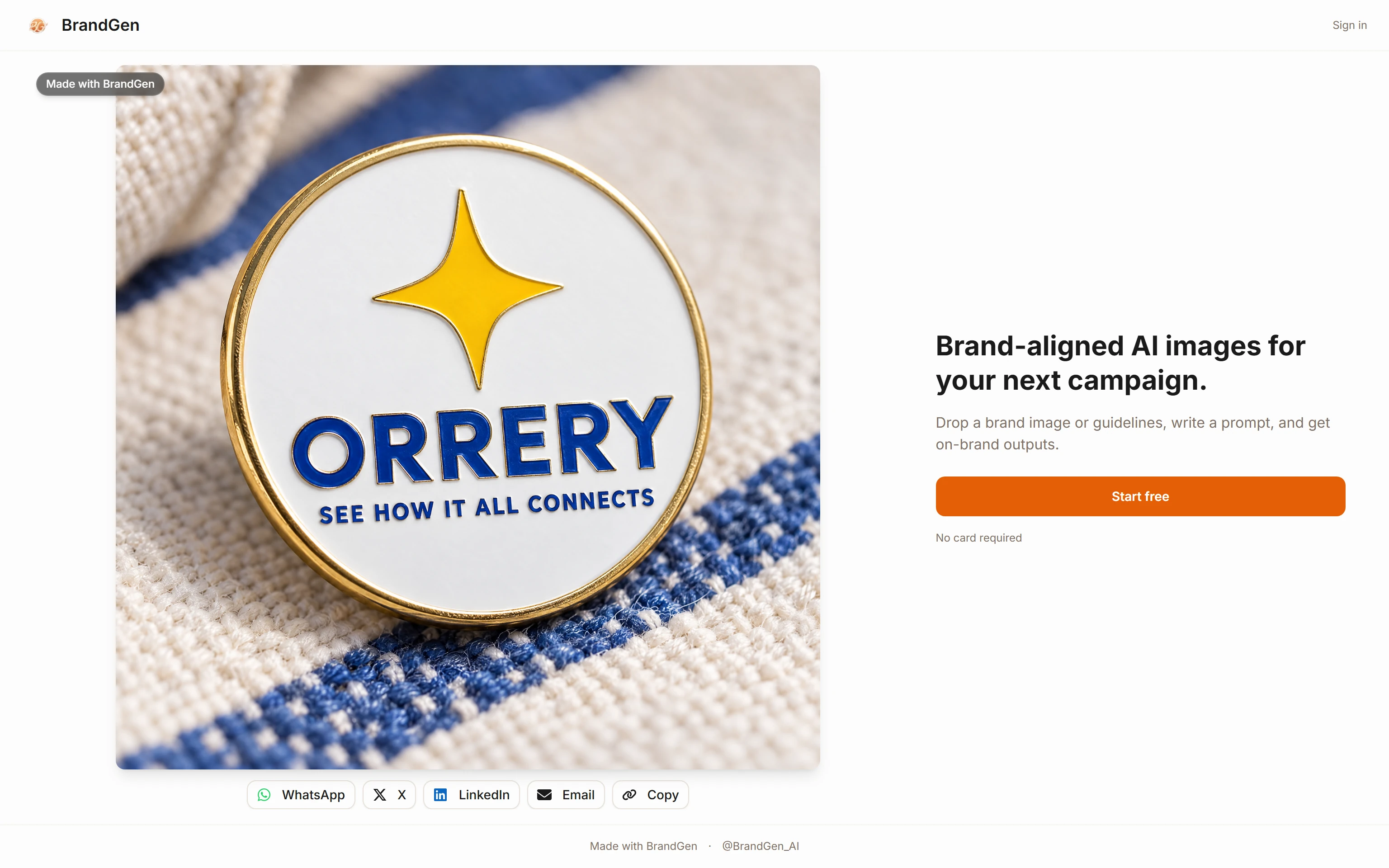 The public share page for a BrandGen image as a recipient sees it, showing the image without any account or workspace controls.