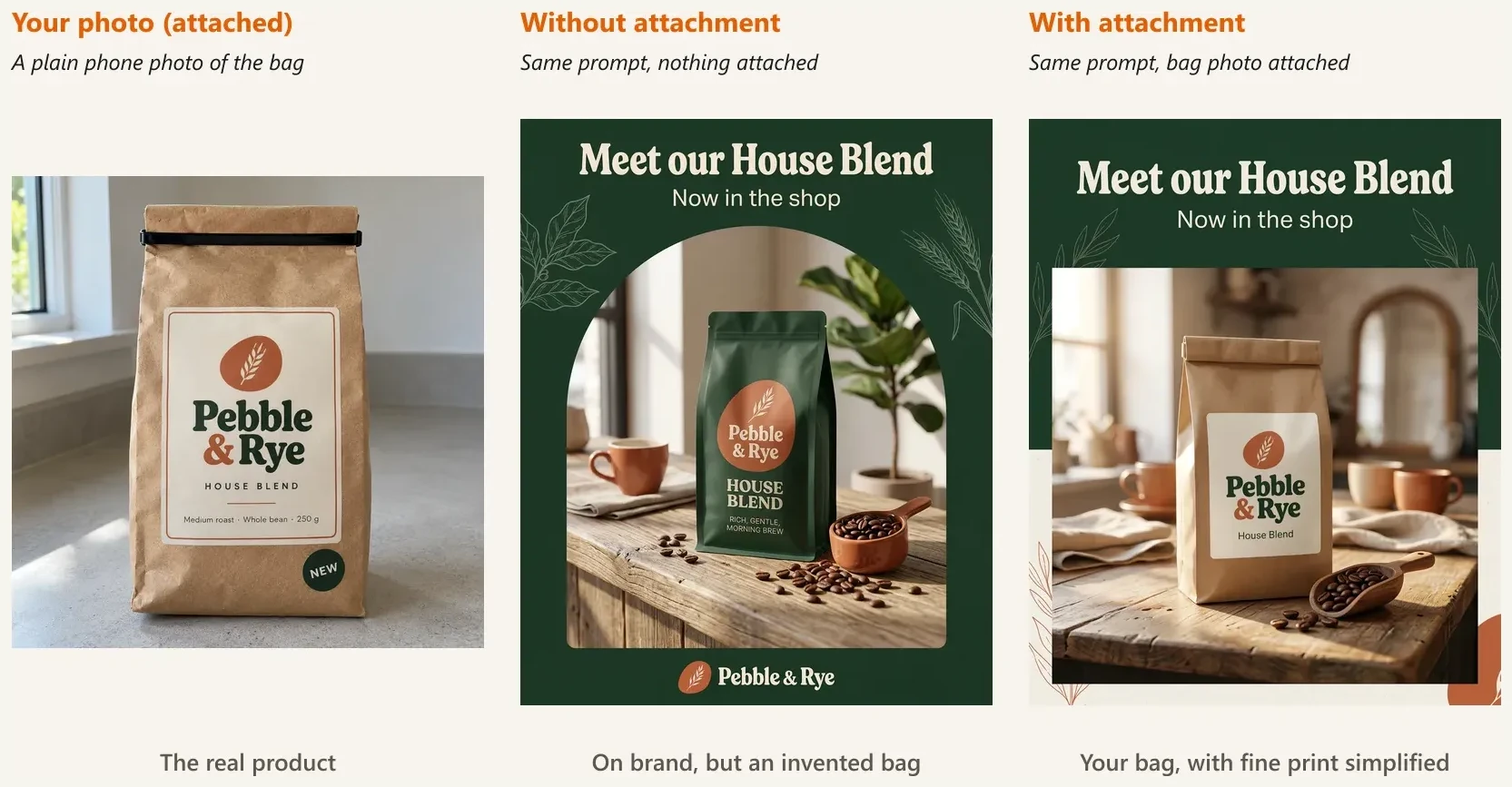Three images side by side. Left: the attached phone photo of a kraft paper coffee bag with a cream Pebble & Rye label. Middle: without the attachment, an on-brand post showing an invented green coffee pouch. Right: with the attachment, an on-brand post showing the kraft bag with the cream Pebble & Rye label on a café counter.