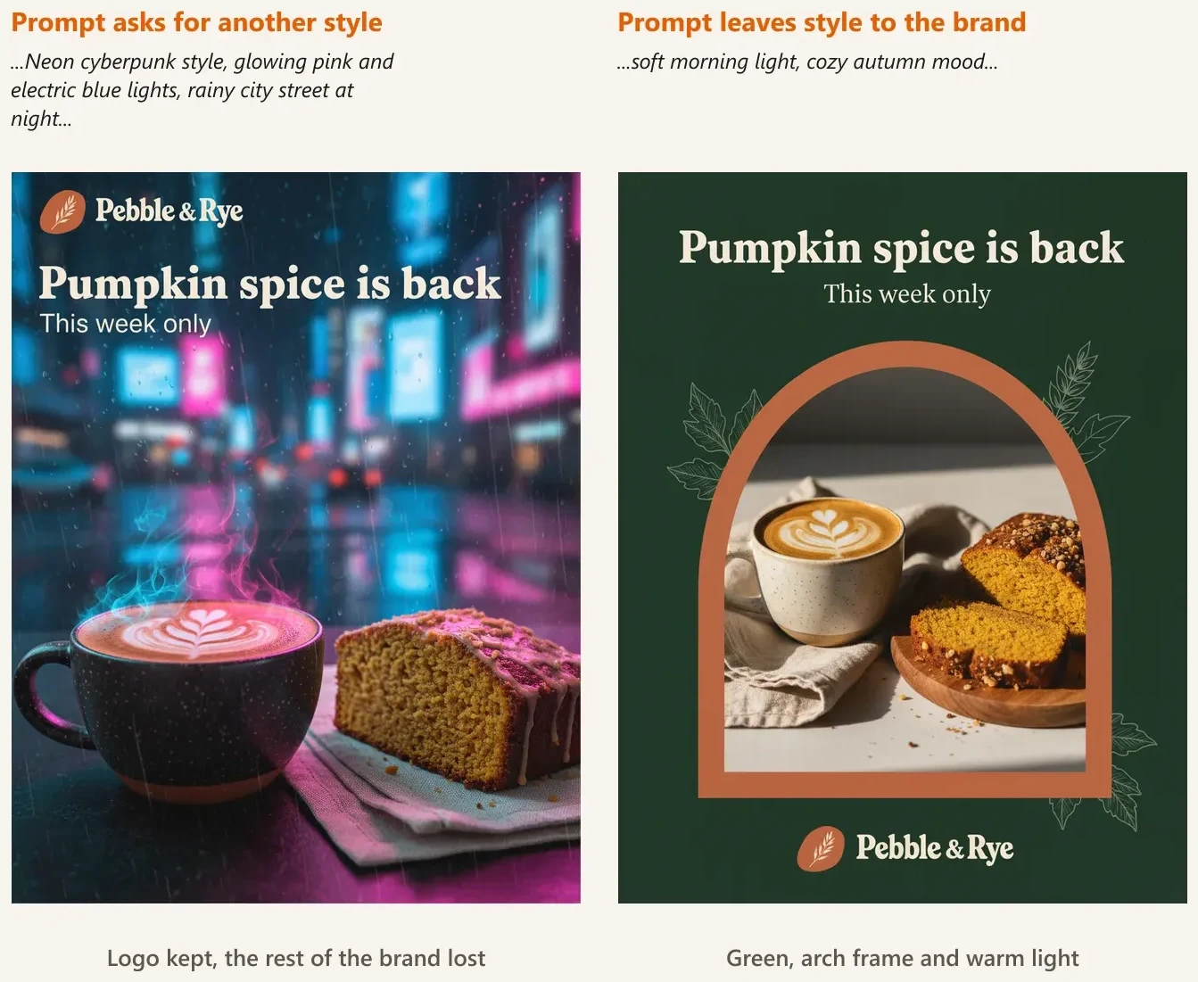 Left: a prompt that asks for neon cyberpunk style, glowing pink and blue lights on a rainy city street. The result keeps the café logo and headline font, but loses the green background, arch frame and warm light. Right: the same prompt with "soft morning light, cozy autumn mood" instead. The result has the brand's green background, terracotta arch frame and warm photography.