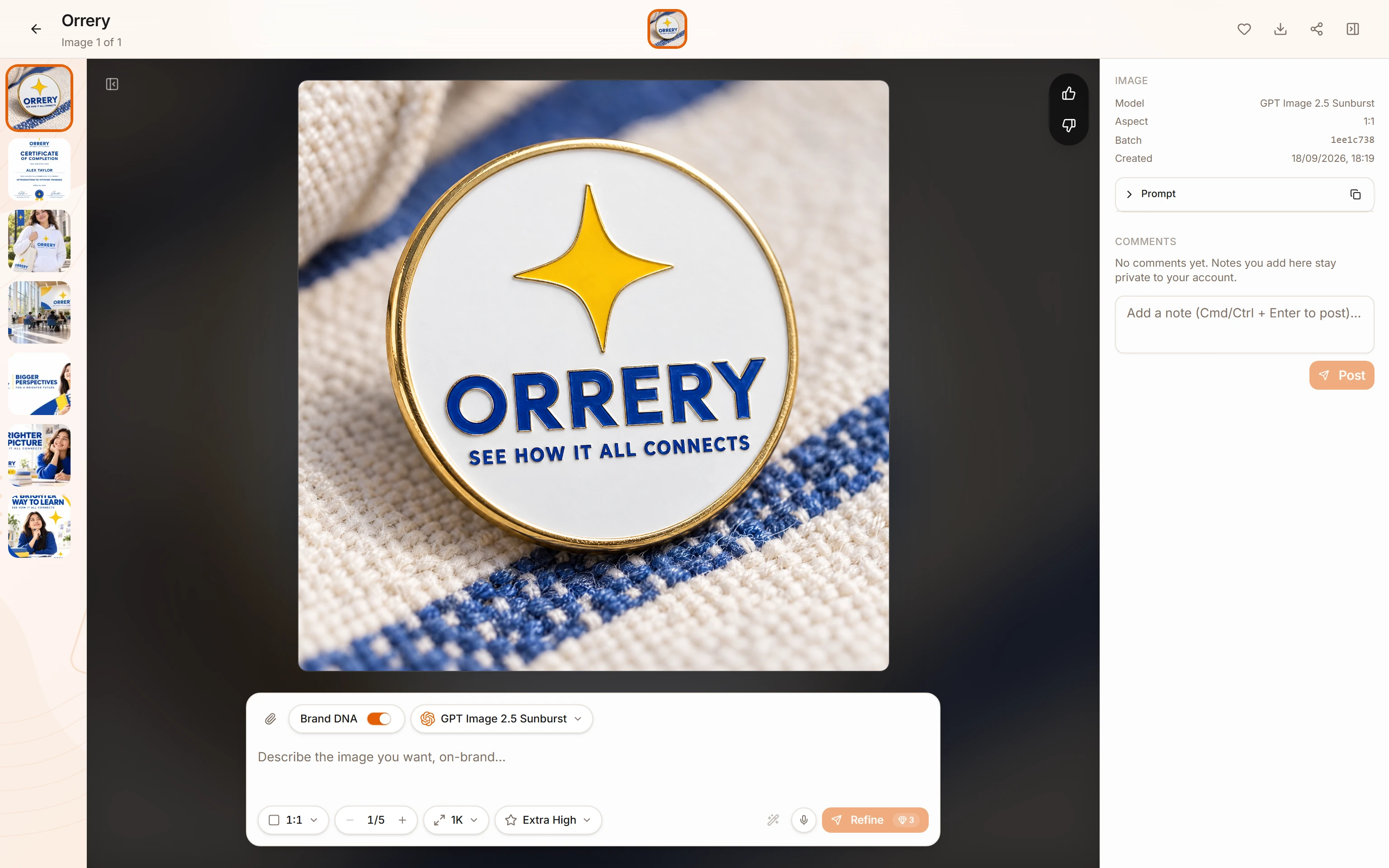 The BrandGen image editor with the refine bar below the image, where a change is described to generate a new version.