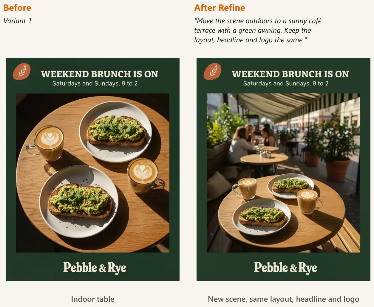 Before: variant 1 with the food on an indoor table. After Refine with the instruction to move the scene to a sunny café terrace and keep the layout, headline and logo: the same post with the food on an outdoor terrace under a green awning, with the same headline and logo.