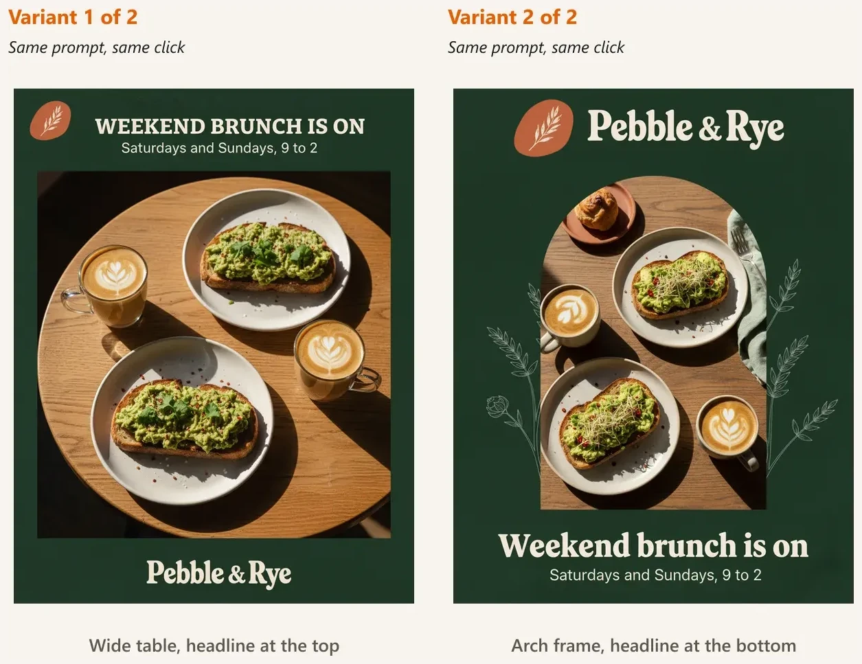 Two variants from the same prompt and the same click. Variant 1: a wide wooden table with avocado toast and two lattes, headline at the top. Variant 2: the same food in an arch frame, headline at the bottom.