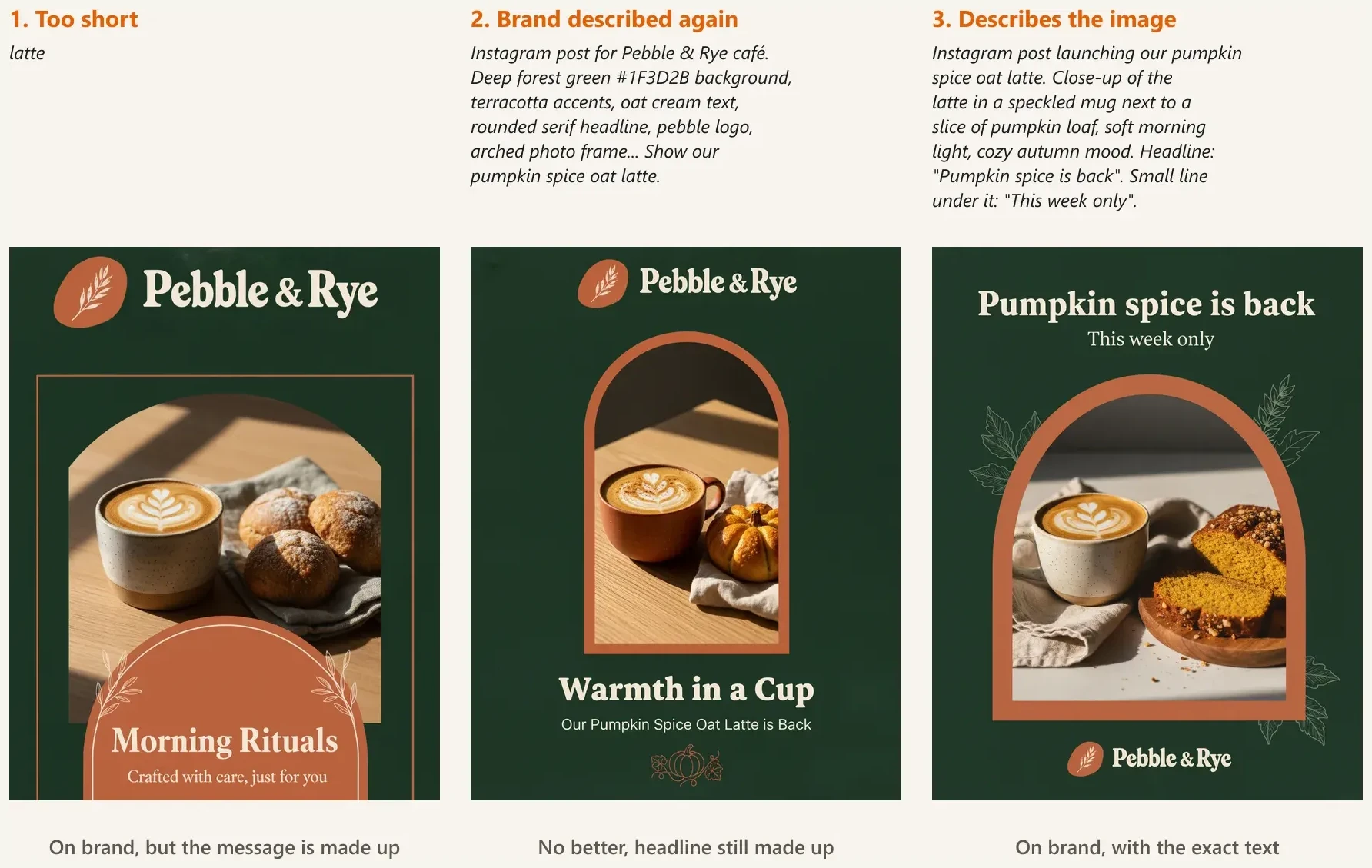 Three results side by side. Prompt "latte": on brand, but with a made-up headline, "Morning Rituals". Prompt that re-describes the brand: on brand, but with another made-up headline, "Warmth in a Cup". Prompt that describes the image: on brand, with the exact headline "Pumpkin spice is back" and "This week only".
