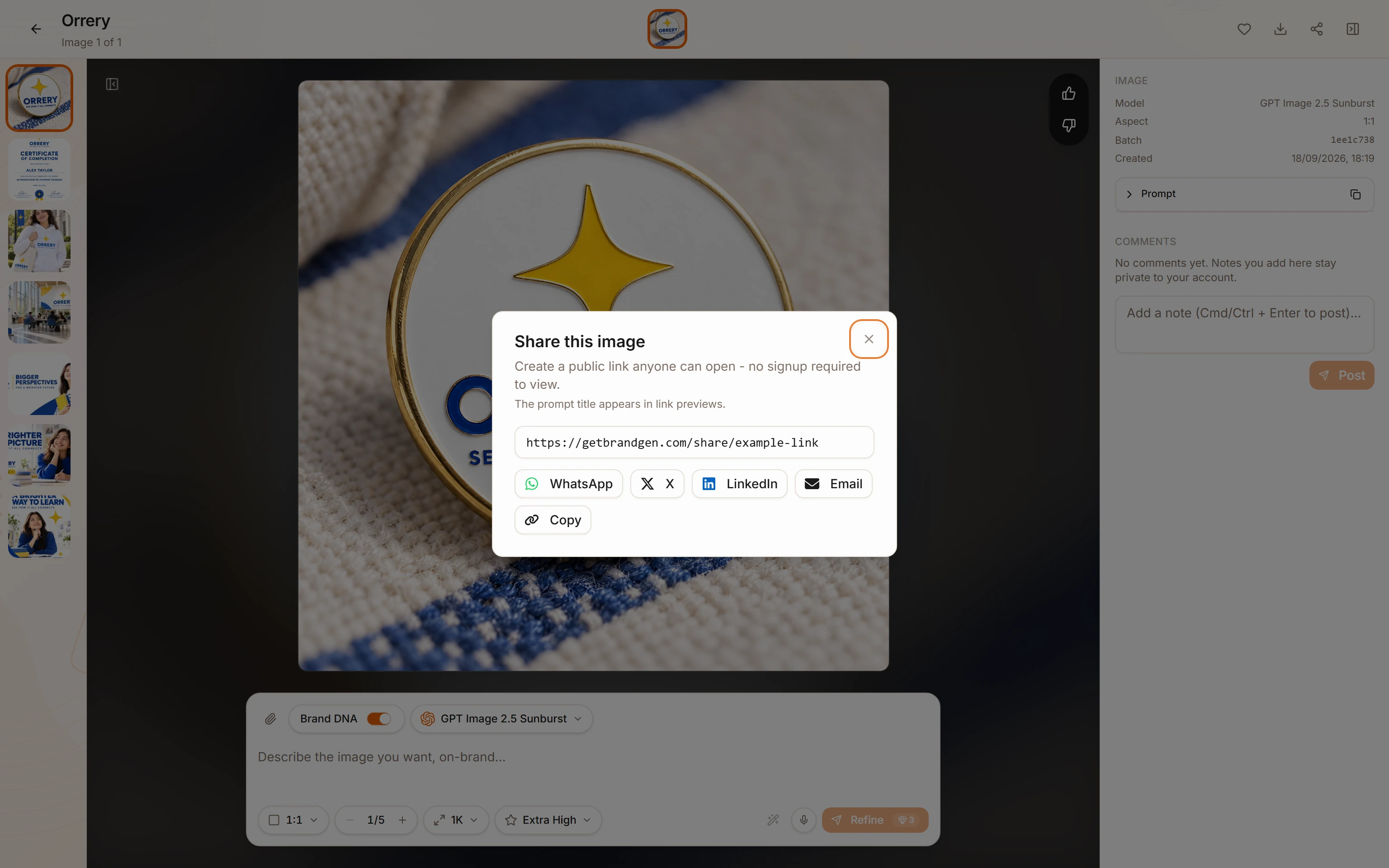 The Share dialog in BrandGen showing the generated public link for an image, ready to copy or send to a colleague.