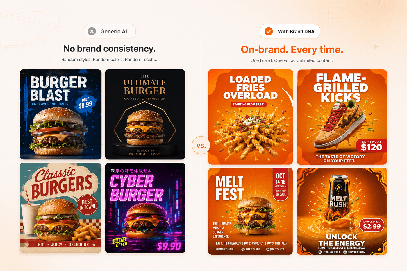 Four generic AI images that look inconsistent next to four BrandGen images that all share one brand identity.