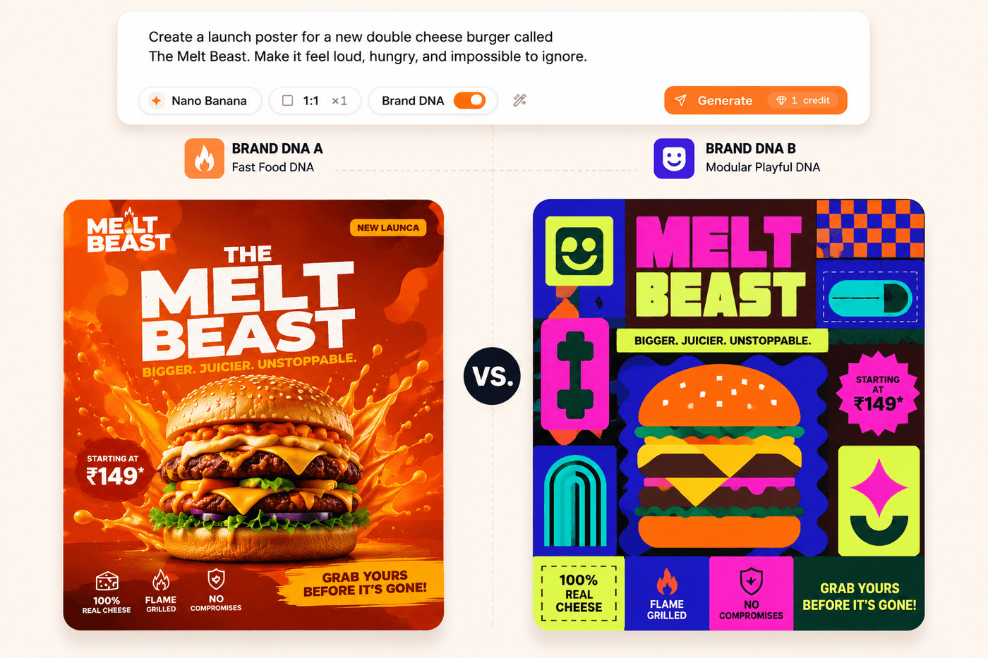 The same prompt applied to two different Brand DNAs, producing two distinct but on-brand results.